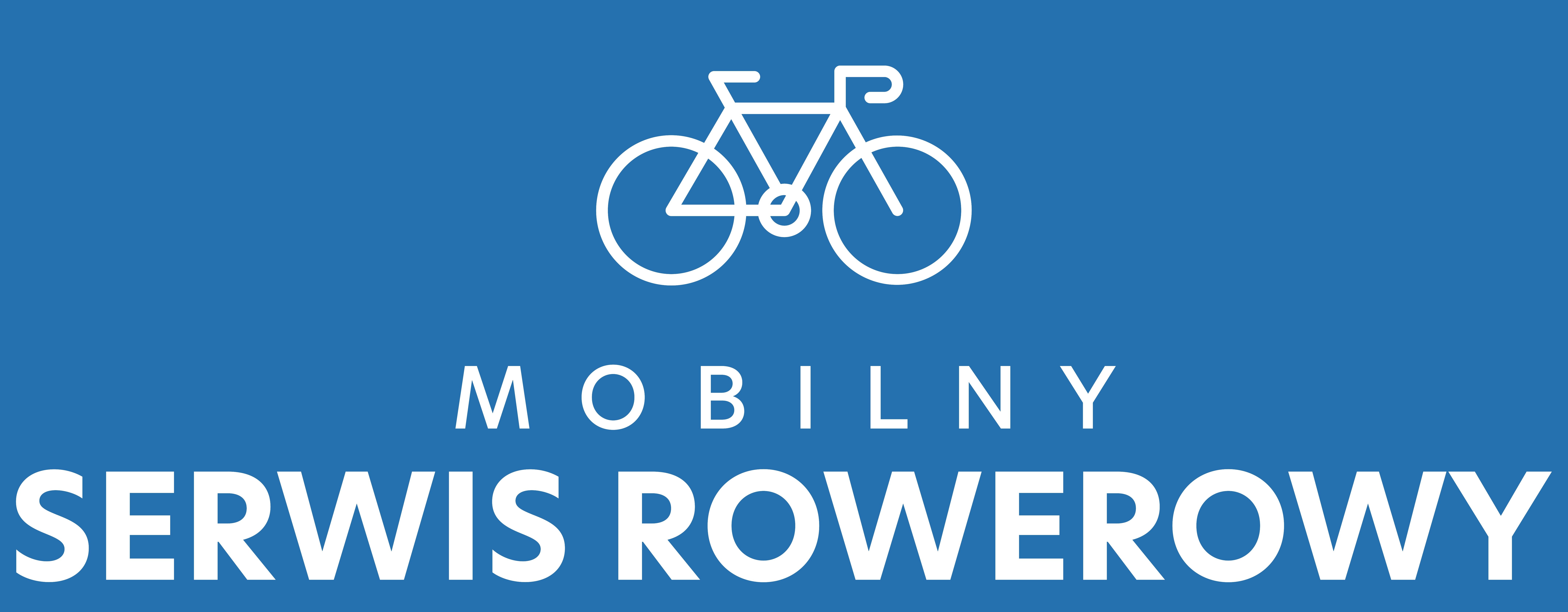 białe znaki na niebieskim tle: symboliczny rower oraz napis mobilny serwis rowerowy