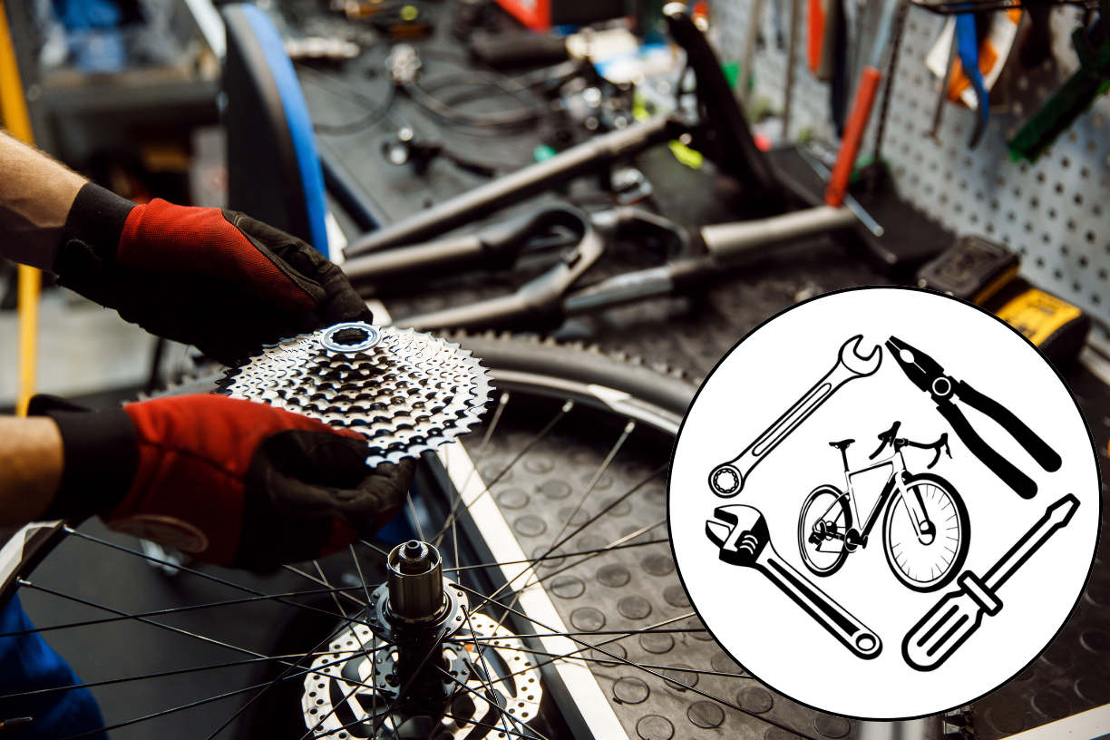 zdjęcie przedstawia stół roboczy mechanika rowerowego z naprawianym elementem roweru oraz narzędziami